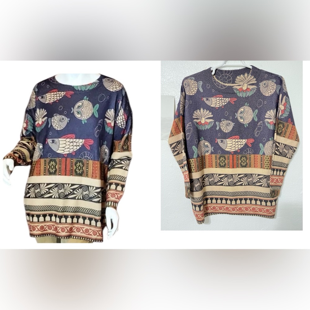 YESNO Women Colorful Fish Pearl Shell Graphic Printed Oversized Pullover Sweater